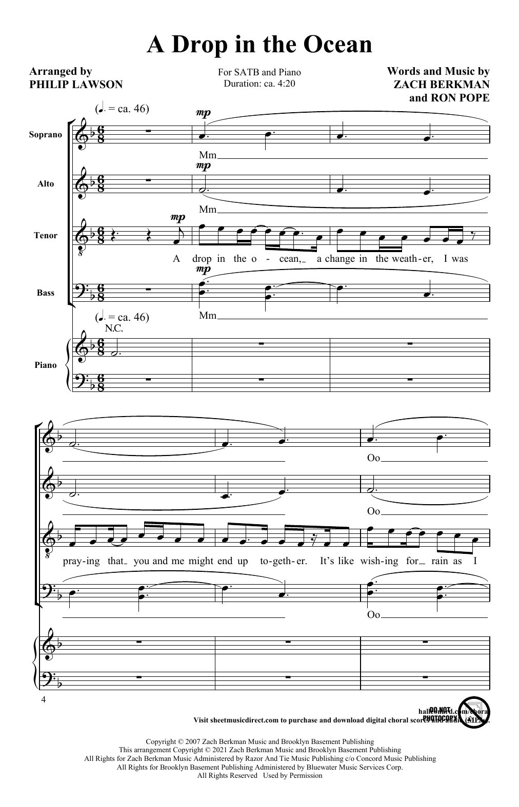 Download Ron Pope A Drop In The Ocean (arr. Phillip Lawson) Sheet Music and learn how to play SATB Choir PDF digital score in minutes