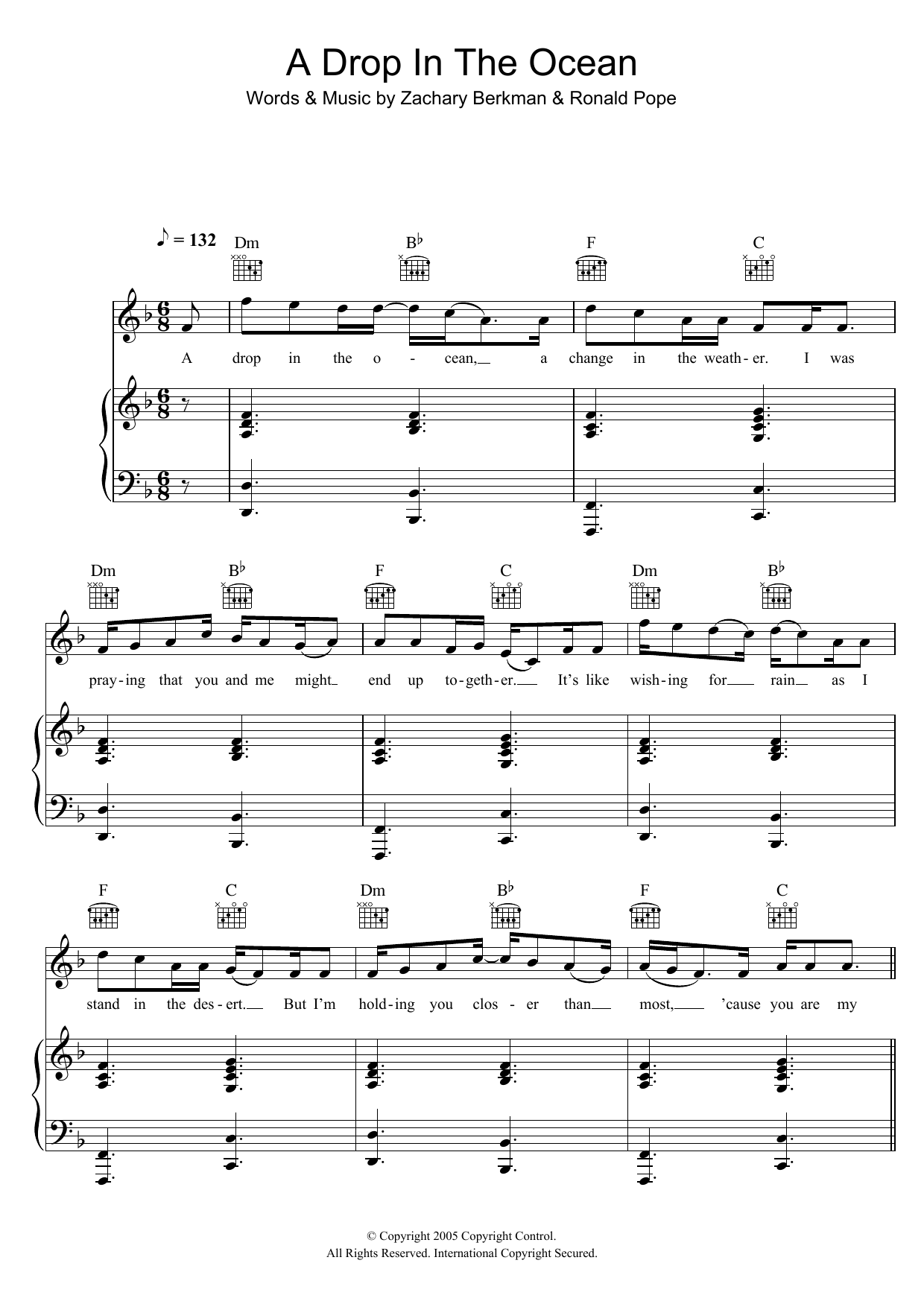 Download Ron Pope A Drop In The Ocean Sheet Music and learn how to play Piano, Vocal & Guitar PDF digital score in minutes