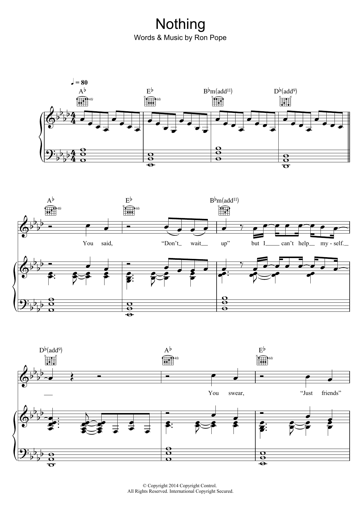Download Ron Pope Nothing (feat. Alexz Johnson) Sheet Music and learn how to play Piano, Vocal & Guitar (Right-Hand Melody) PDF digital score in minutes