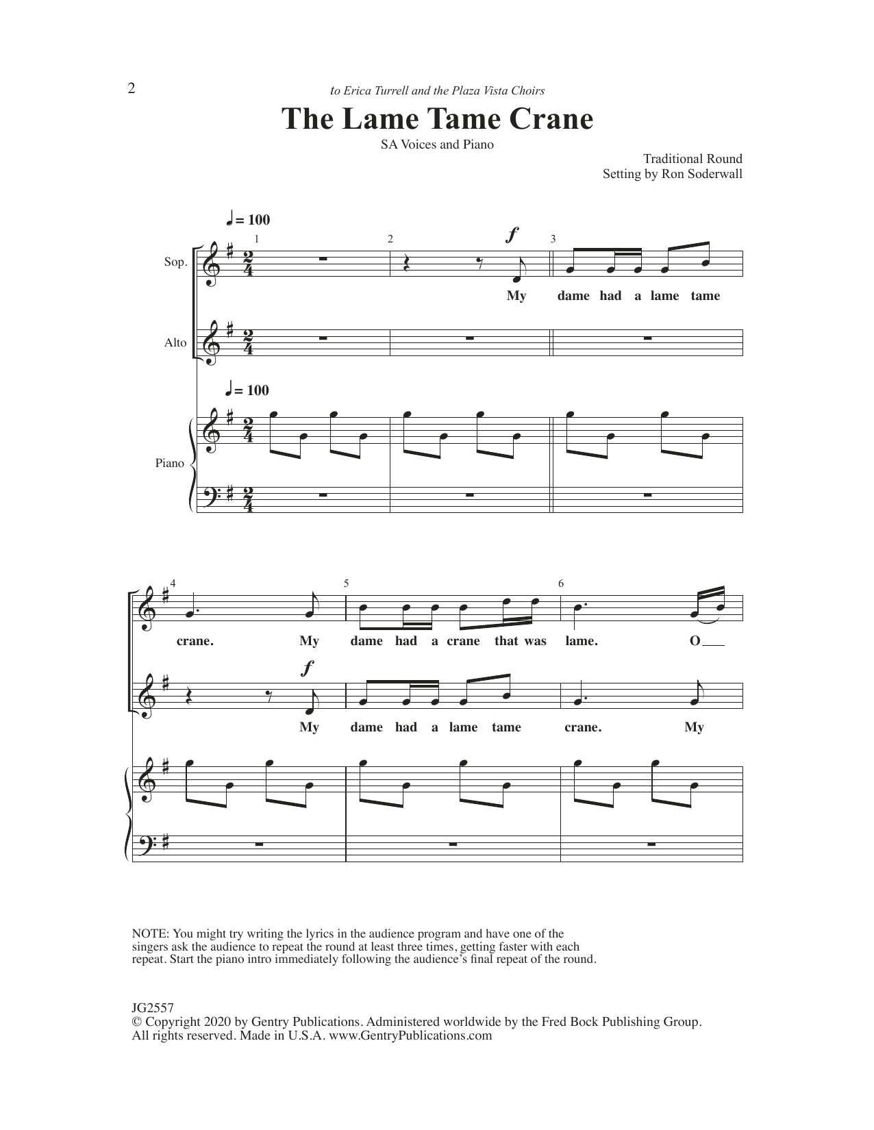 Download Ron Soderwall The Lame, Tame Crane Sheet Music and learn how to play 2-Part Choir PDF digital score in minutes
