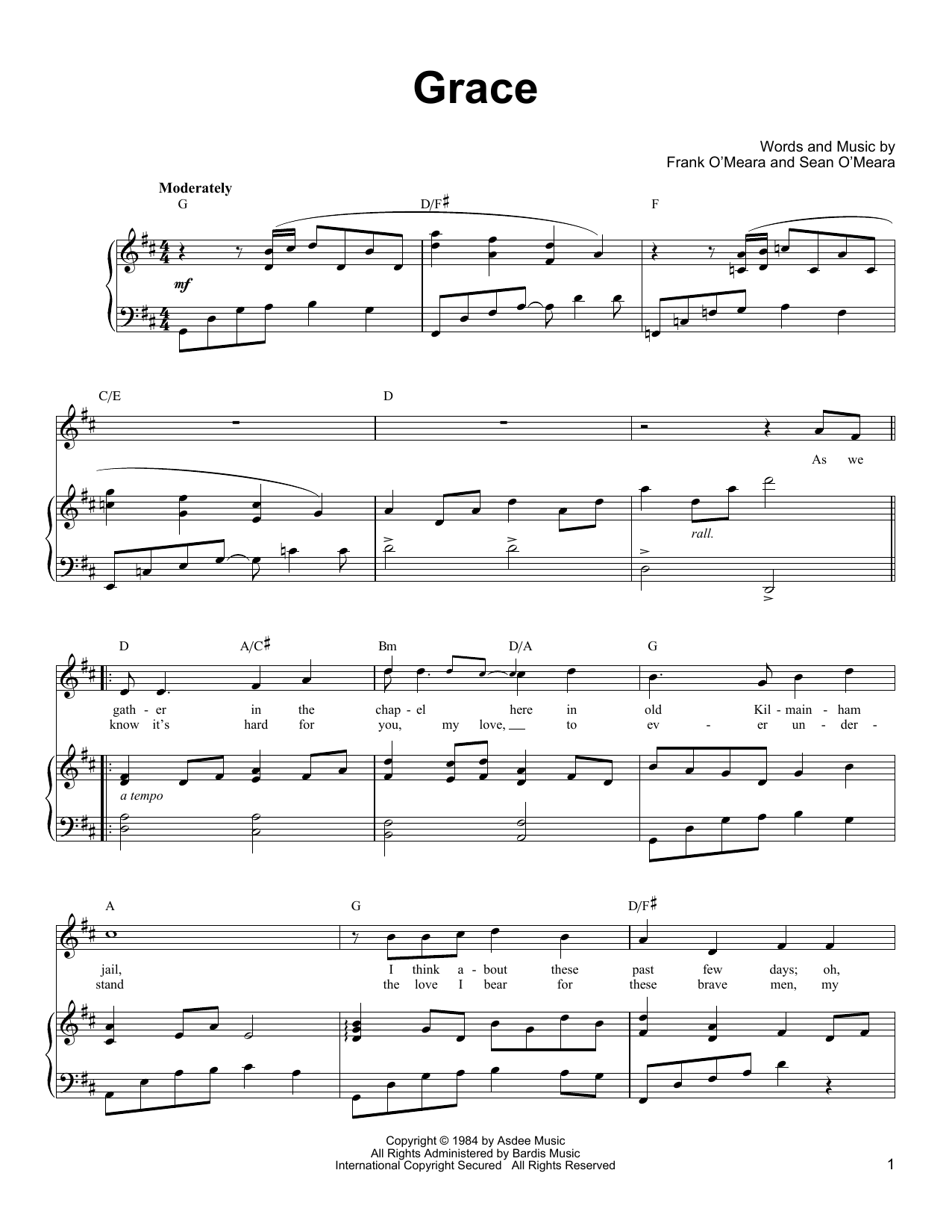 Download Ronan Tynan Grace Sheet Music and learn how to play Piano, Vocal & Guitar (Right-Hand Melody) PDF digital score in minutes