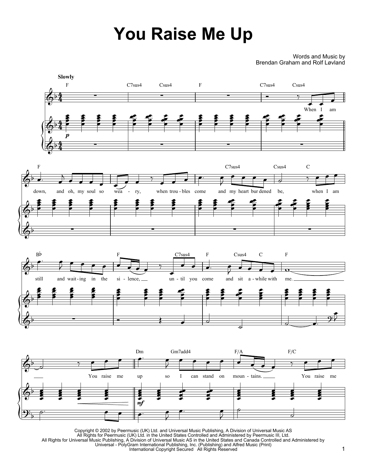 Download Ronan Tynan You Raise Me Up Sheet Music and learn how to play Piano, Vocal & Guitar (Right-Hand Melody) PDF digital score in minutes