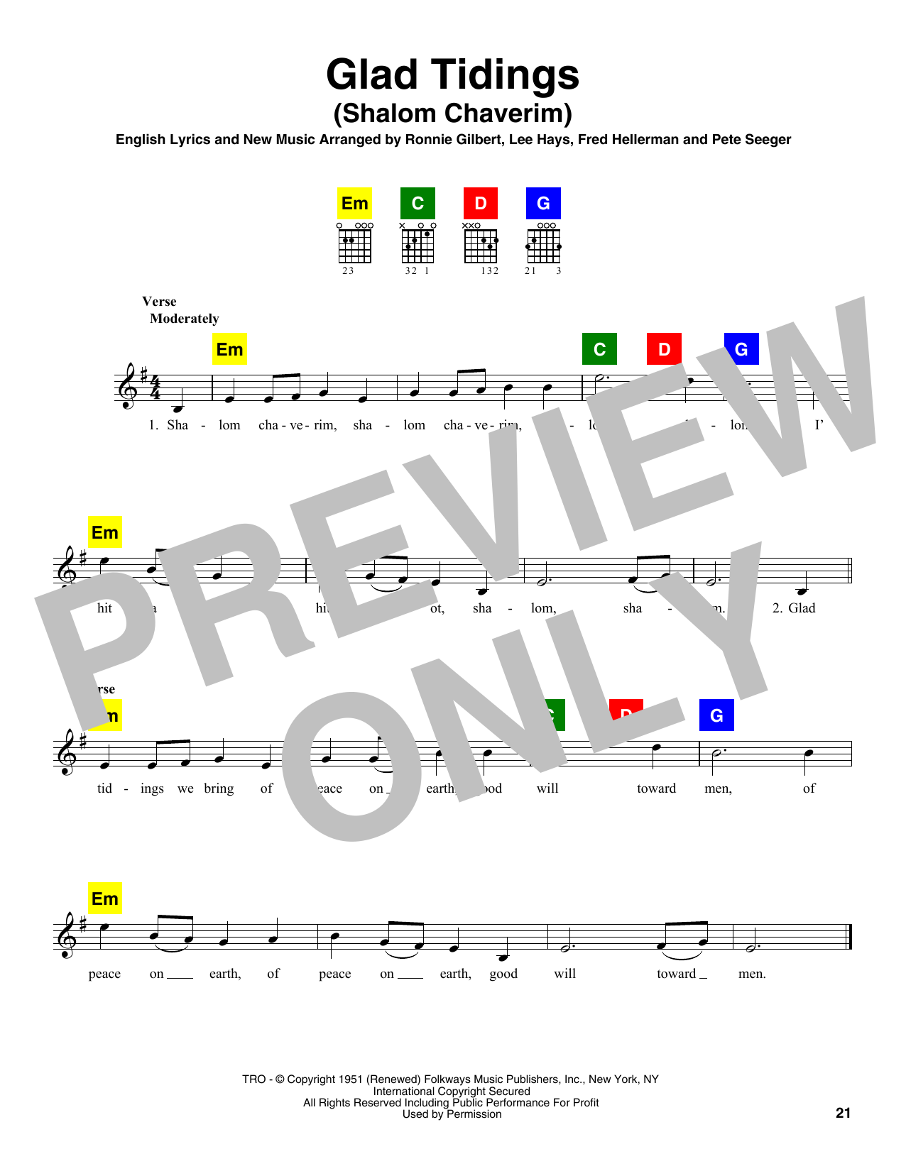 Download Ronnie Gilbert, Lee Hays, Fred Hellerman & Pete Seeger Glad Tidings (Shalom Chaverim) Sheet Music and learn how to play CHDBDY PDF digital score in minutes