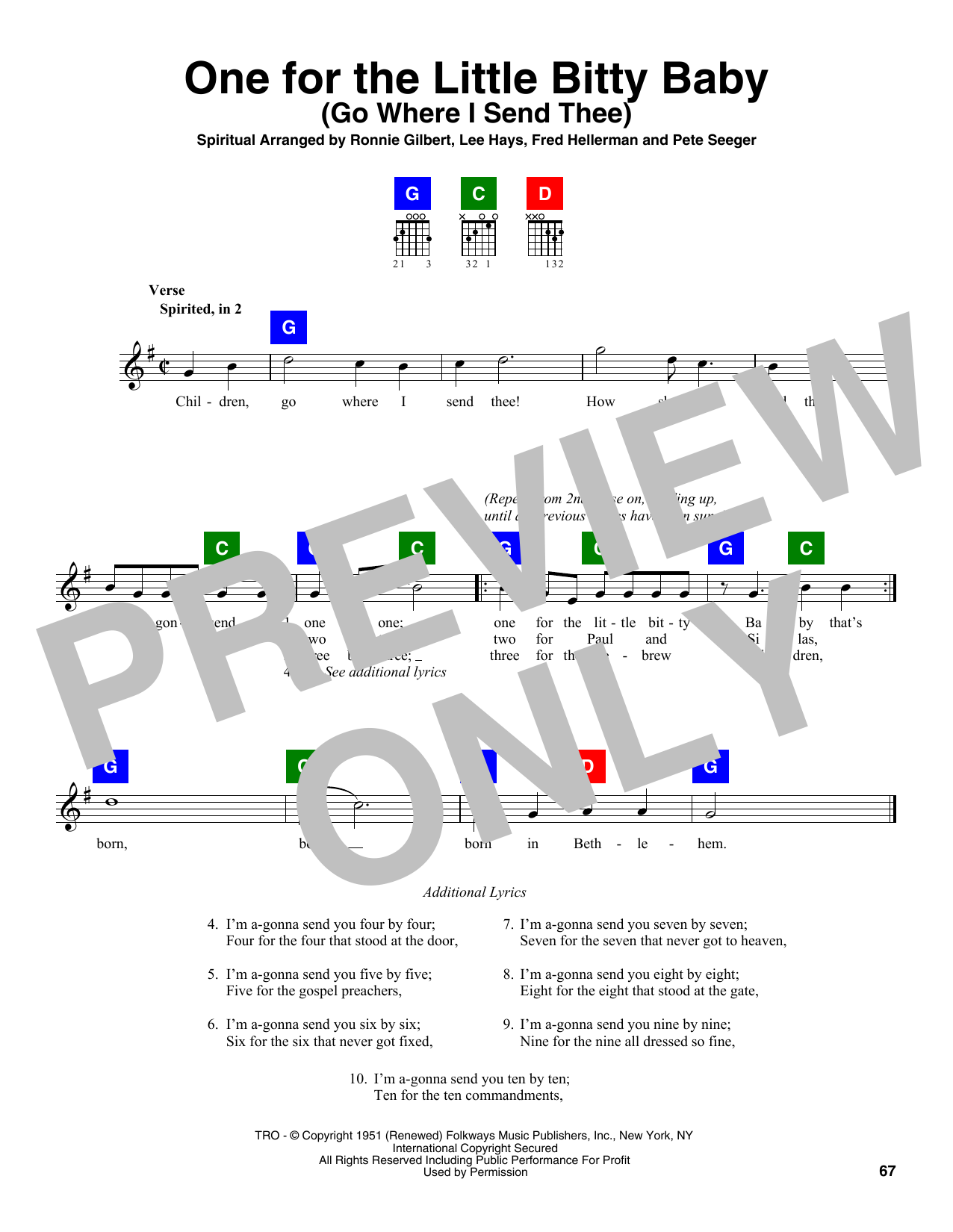 Download Ronnie Gilbert, Lee Hays, Fred Hellerman & Pete Seeger One For The Little Bitty Baby (Go Where I Send Thee) Sheet Music and learn how to play CHDBDY PDF digital score in minutes