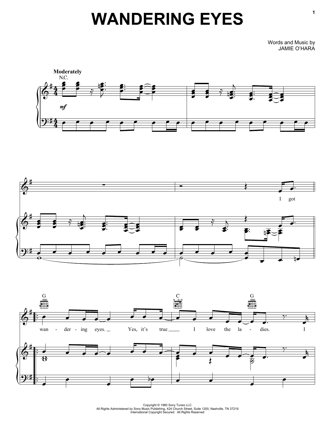 Download Ronnie McDowell Wandering Eyes Sheet Music and learn how to play Piano, Vocal & Guitar Chords (Right-Hand Melody) PDF digital score in minutes