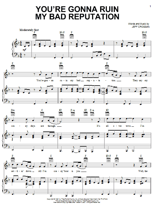 Download Ronnie McDowell You're Gonna Ruin My Bad Reputation Sheet Music and learn how to play Piano, Vocal & Guitar (Right-Hand Melody) PDF digital score in minutes
