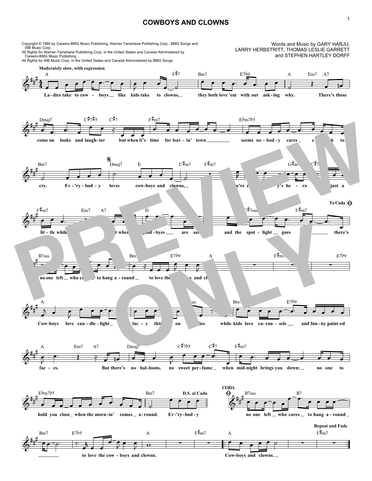 Download Ronnie Milsap Cowboys And Clowns Sheet Music and learn how to play Melody Line, Lyrics & Chords PDF digital score in minutes