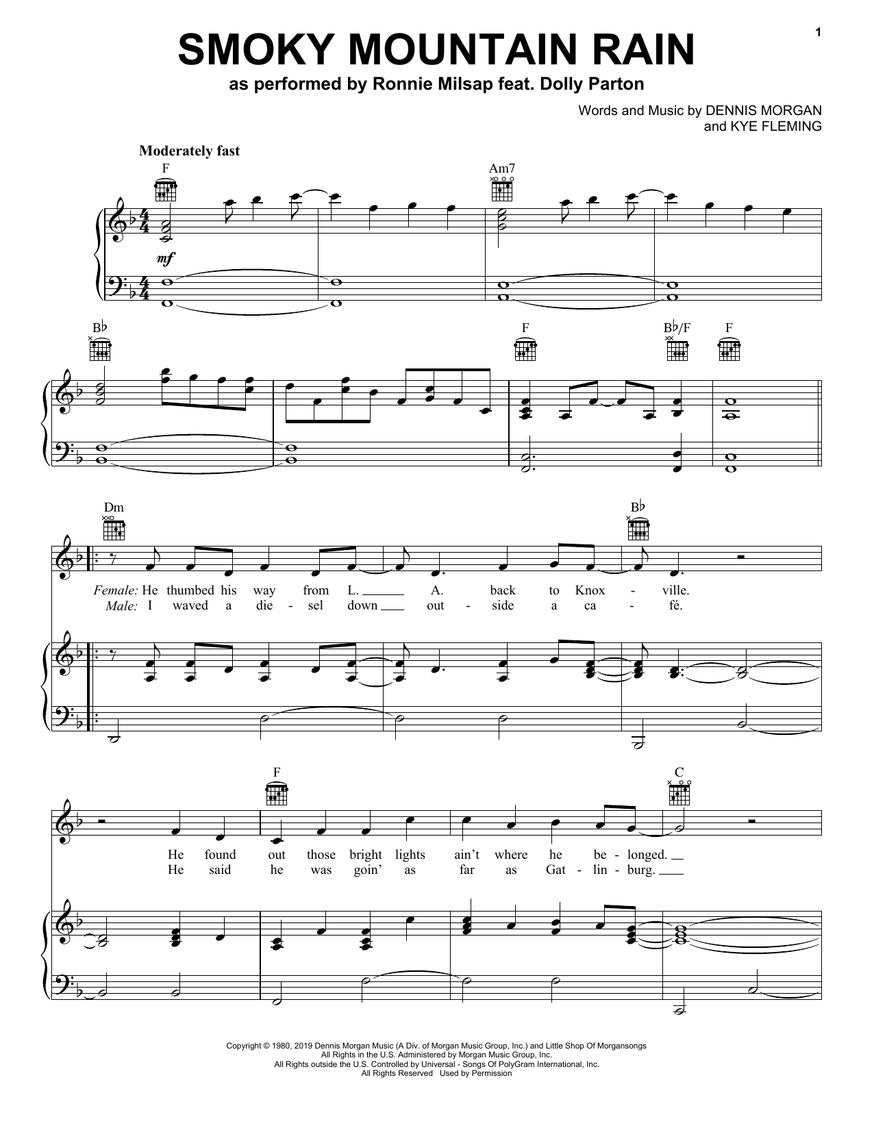 Download Ronnie Milsap feat. Dolly Parton Smoky Mountain Rain Sheet Music and learn how to play Piano, Vocal & Guitar Chords (Right-Hand Melody) PDF digital score in minutes