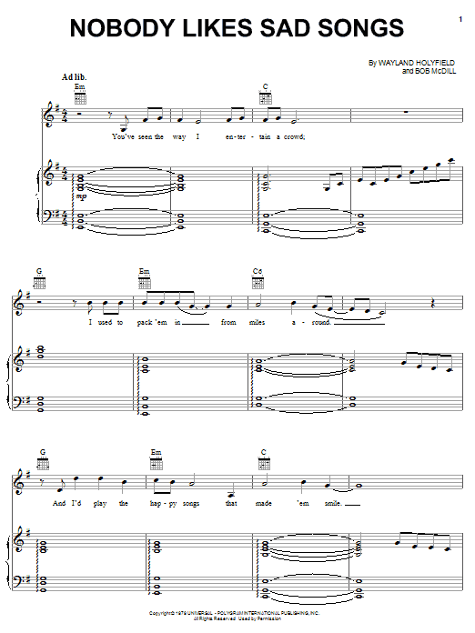 Download Ronnie Milsap Nobody Likes Sad Songs Sheet Music and learn how to play Piano, Vocal & Guitar (Right-Hand Melody) PDF digital score in minutes