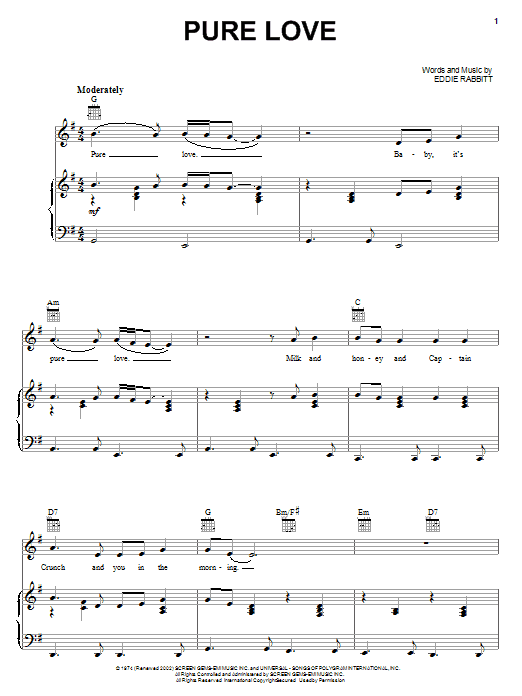 Download Ronnie Milsap Pure Love Sheet Music and learn how to play Piano, Vocal & Guitar (Right-Hand Melody) PDF digital score in minutes