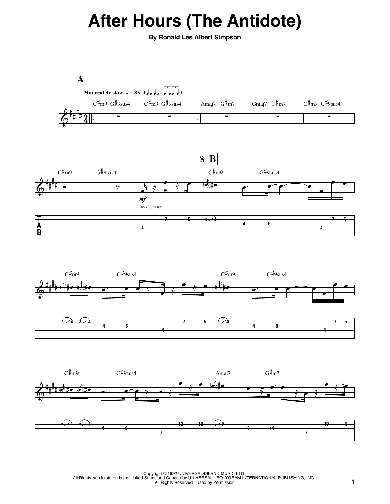 Download Ronny Jordan After Hours (The Antidote) Sheet Music and learn how to play Guitar Tab (Single Guitar) PDF digital score in minutes