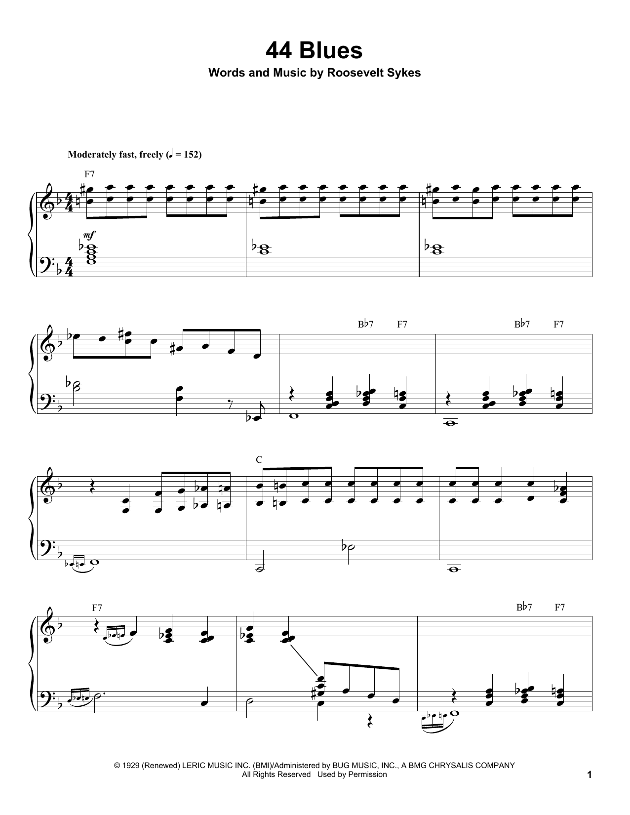 Download Roosevelt Sykes 44 Blues Sheet Music and learn how to play Piano Transcription PDF digital score in minutes