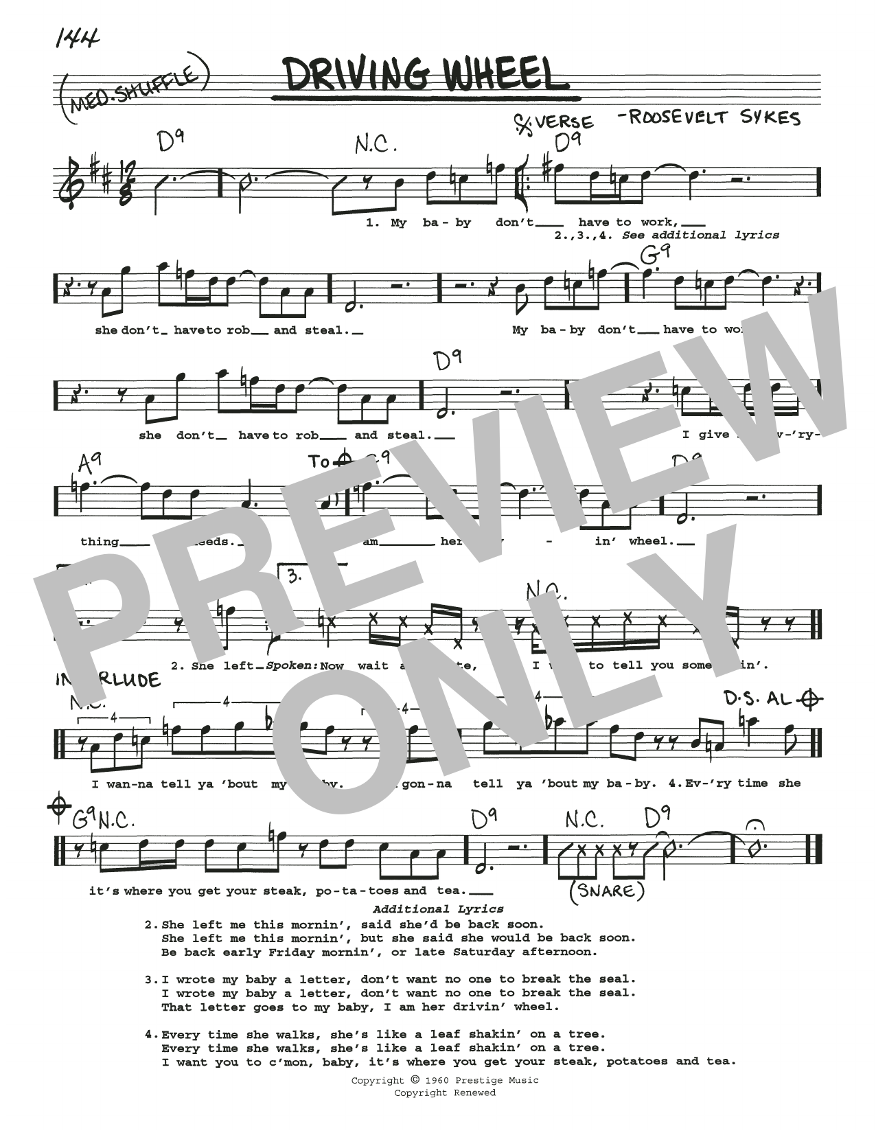 Download Roosevelt Sykes Driving Wheel Sheet Music and learn how to play Real Book – Melody, Lyrics & Chords PDF digital score in minutes