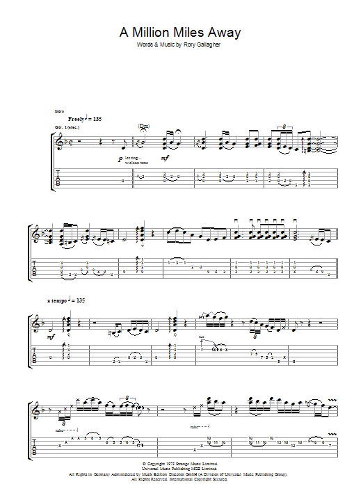 Download Rory Gallagher A Million Miles Away Sheet Music and learn how to play Guitar Tab PDF digital score in minutes