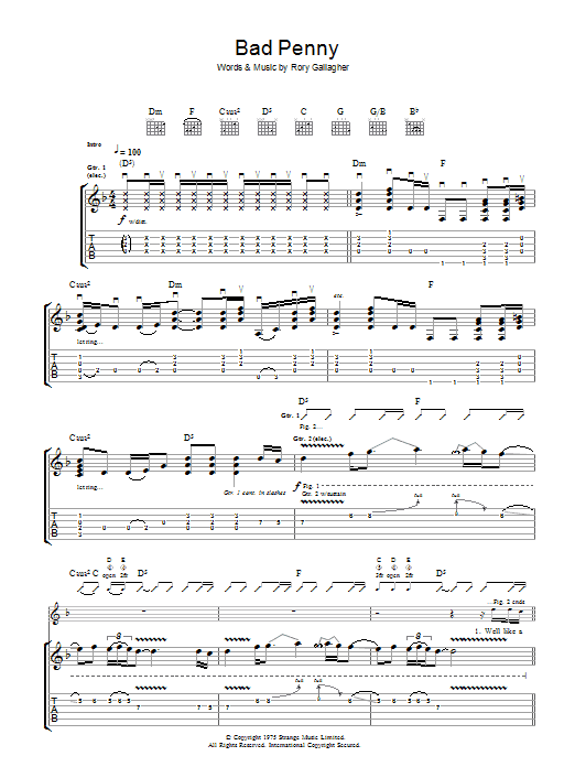 Download Rory Gallagher Bad Penny Sheet Music and learn how to play Guitar Tab PDF digital score in minutes