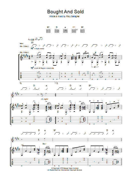Download Rory Gallagher Bought And Sold Sheet Music and learn how to play Guitar Tab PDF digital score in minutes