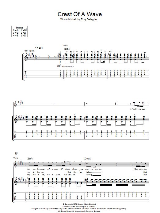 Download Rory Gallagher Crest Of A Wave Sheet Music and learn how to play Guitar Tab PDF digital score in minutes