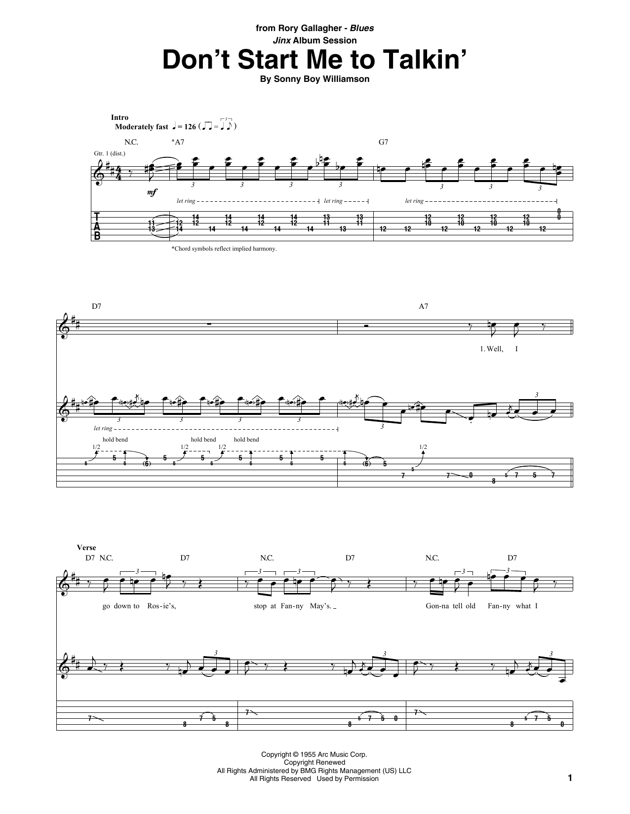 Download Rory Gallagher Don't Start Me To Talkin' Sheet Music and learn how to play Guitar Tab PDF digital score in minutes
