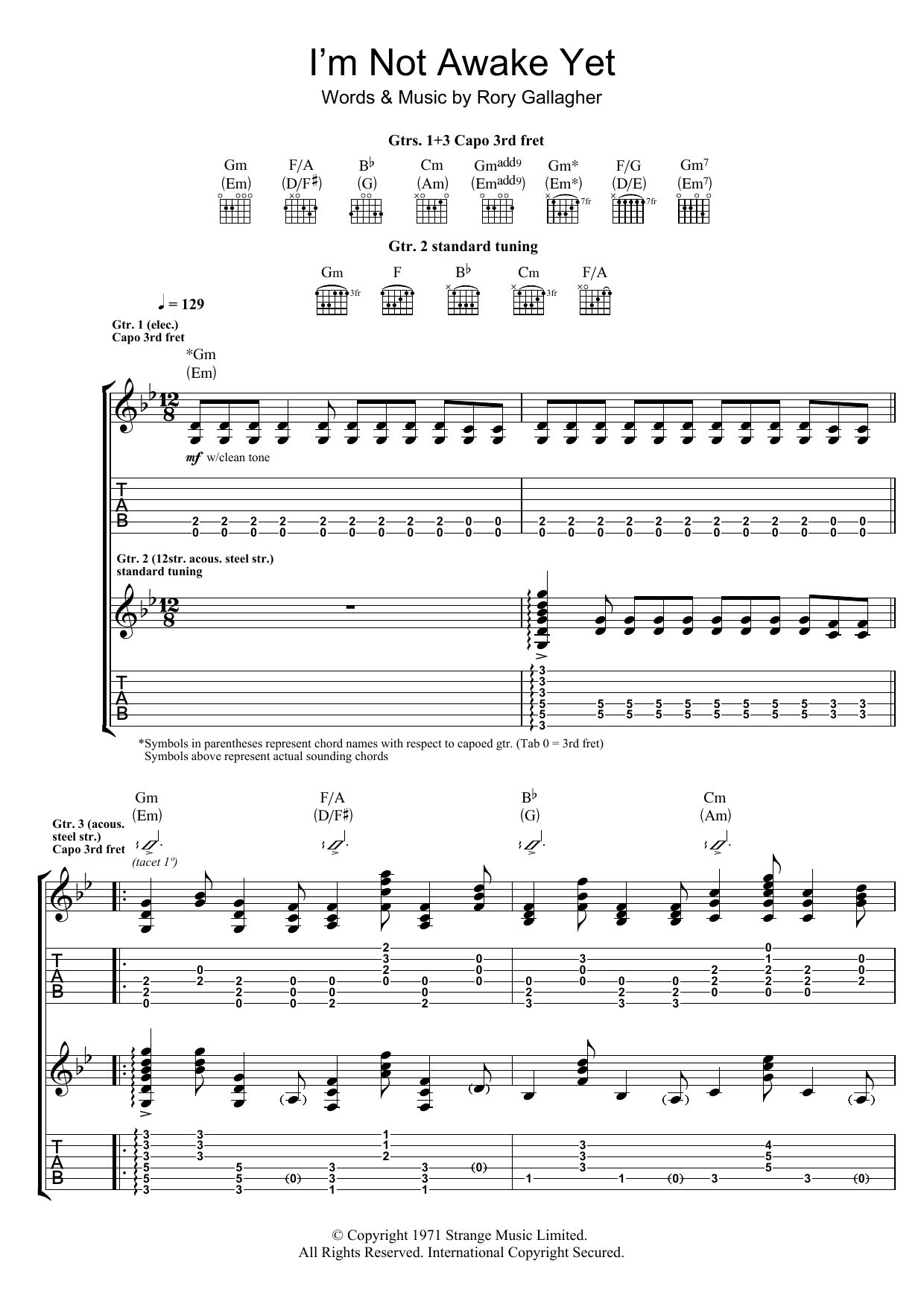 Download Rory Gallagher I'm Not Awake Yet Sheet Music and learn how to play Guitar Tab PDF digital score in minutes