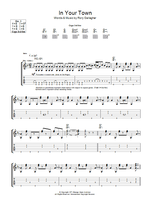 Download Rory Gallagher In Your Town Sheet Music and learn how to play Guitar Tab PDF digital score in minutes