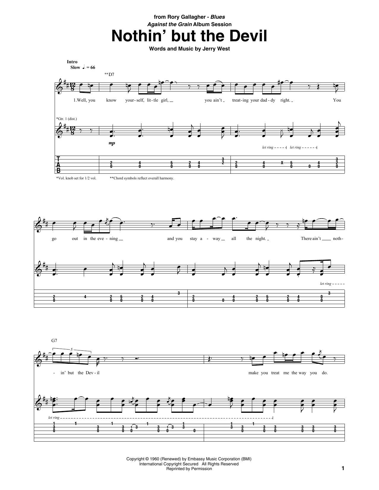 Download Rory Gallagher Nothin' But The Devil Sheet Music and learn how to play Guitar Tab PDF digital score in minutes