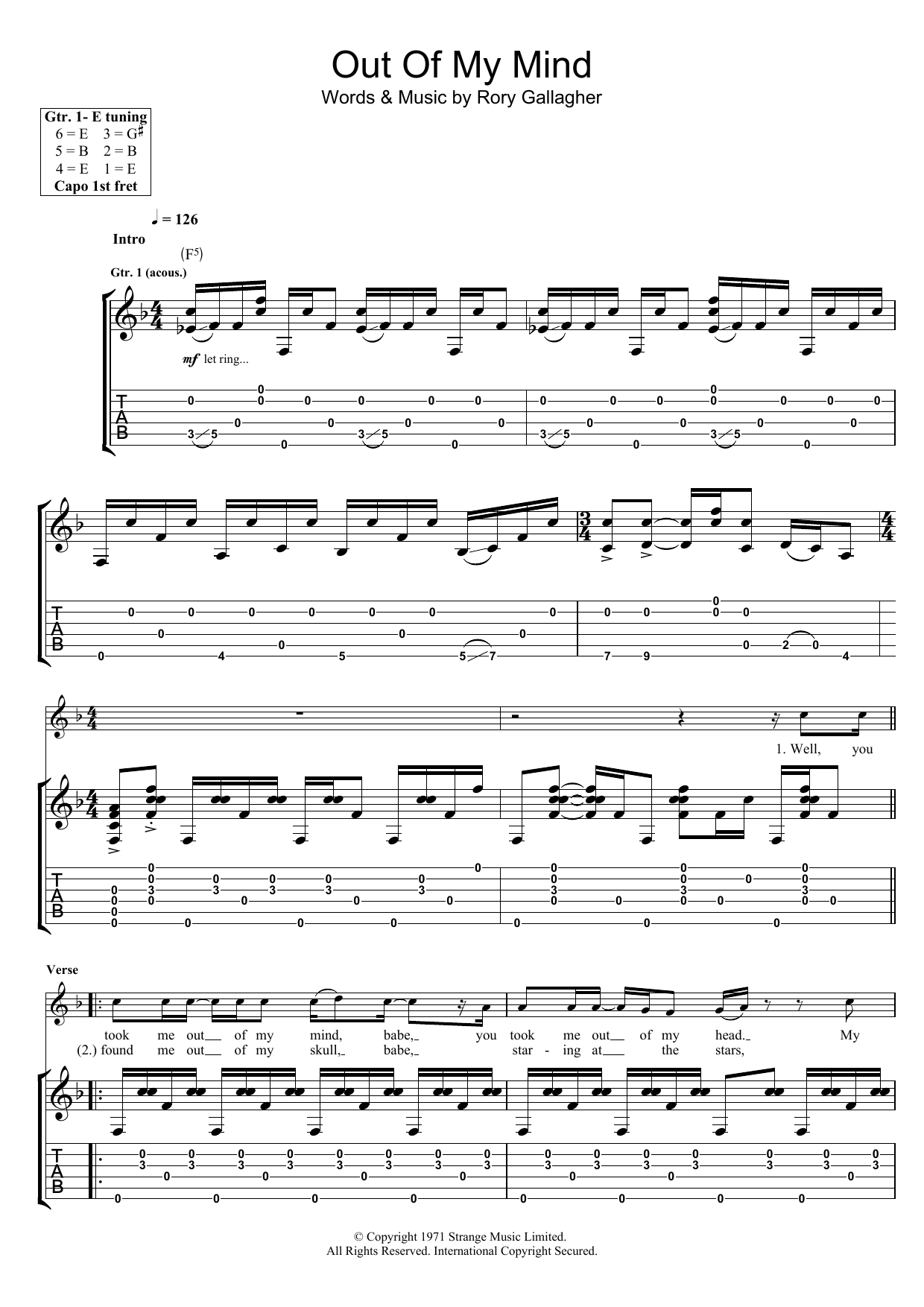 Download Rory Gallagher Out Of My Mind Sheet Music and learn how to play Guitar Tab PDF digital score in minutes