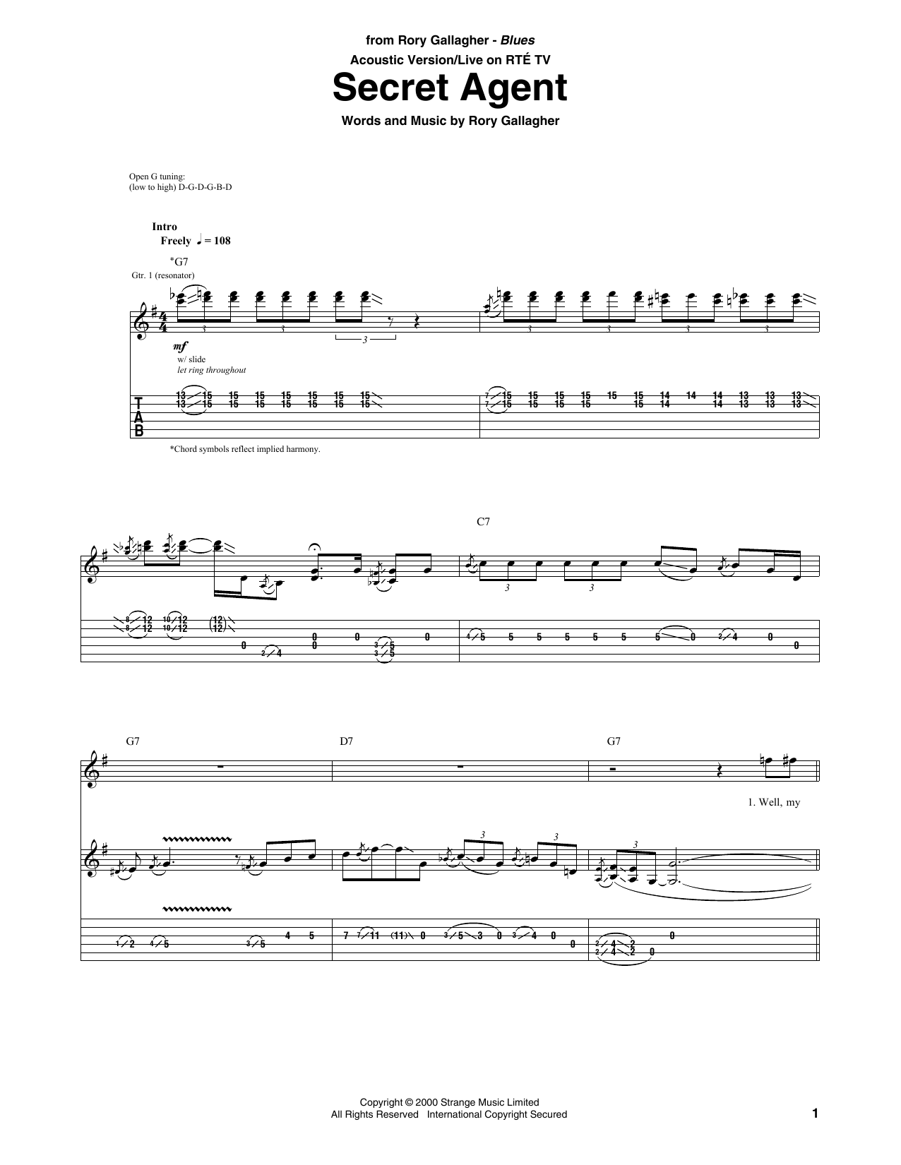 Download Rory Gallagher Secret Agent Sheet Music and learn how to play Guitar Tab PDF digital score in minutes