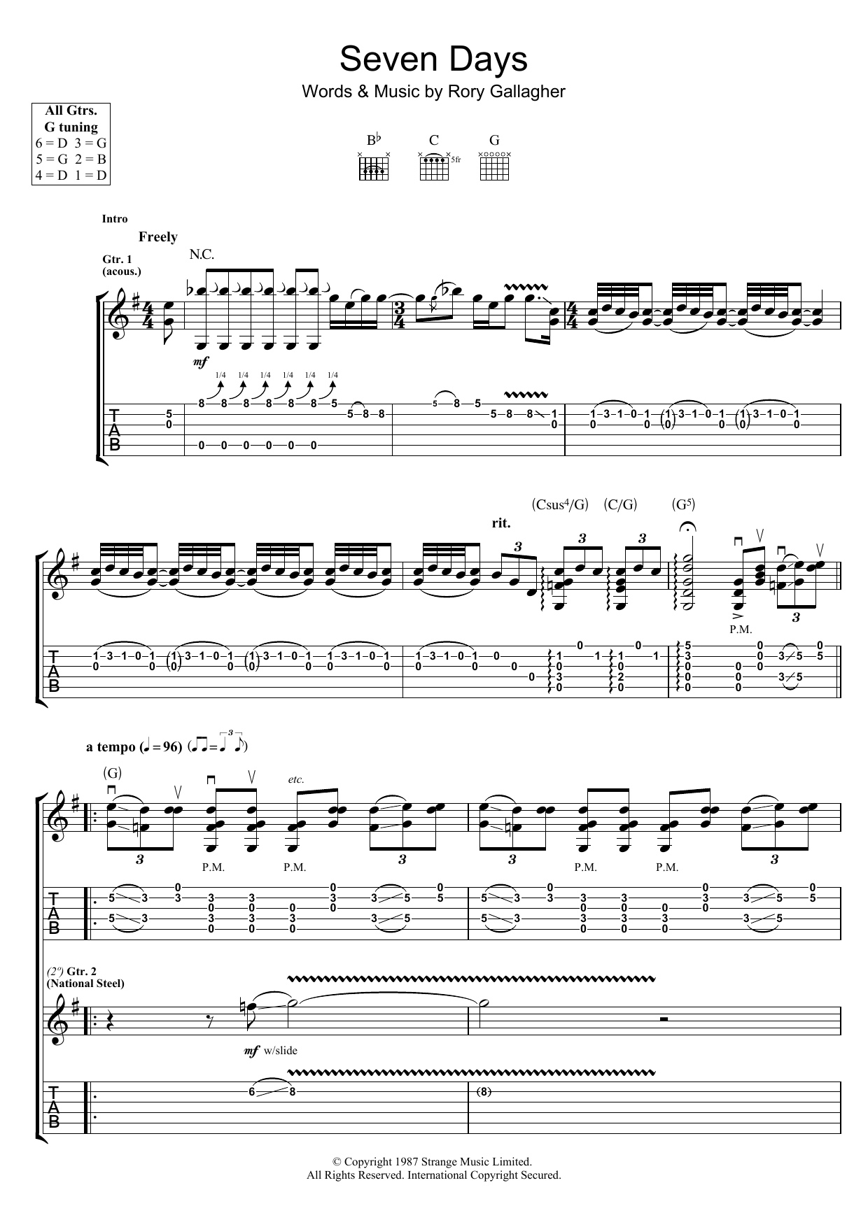 Download Rory Gallagher Seven Days Sheet Music and learn how to play Guitar Tab PDF digital score in minutes