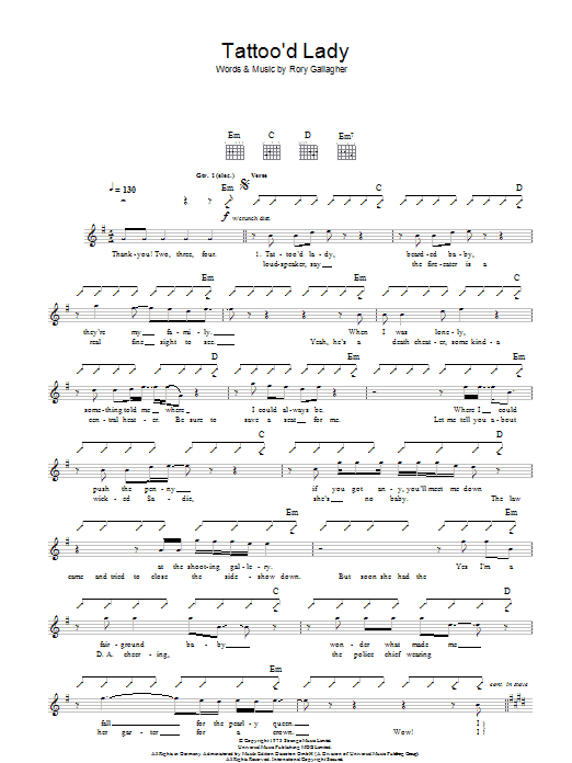 Download Rory Gallagher Tattoo'd Lady Sheet Music and learn how to play Lyrics & Chords PDF digital score in minutes