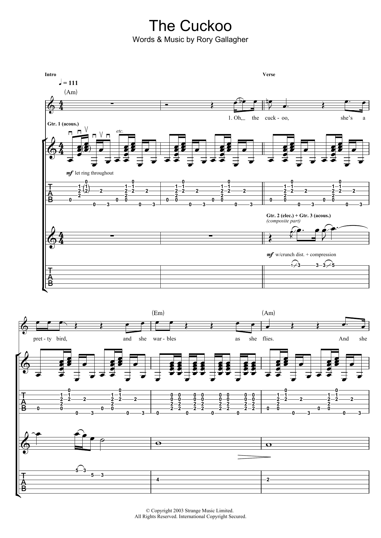 Download Rory Gallagher The Cuckoo Sheet Music and learn how to play Guitar Tab PDF digital score in minutes