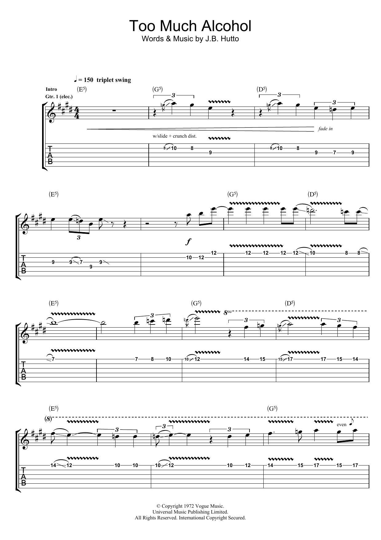 Download Rory Gallagher Too Much Alcohol Sheet Music and learn how to play Guitar Tab PDF digital score in minutes