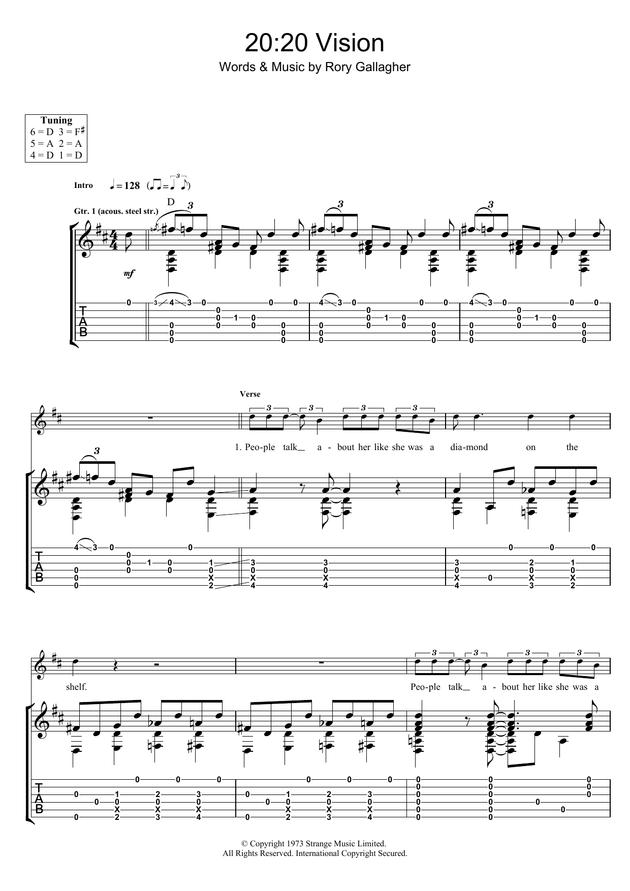 Download Rory Gallagher Twenty Twenty Vision Sheet Music and learn how to play Guitar Tab PDF digital score in minutes