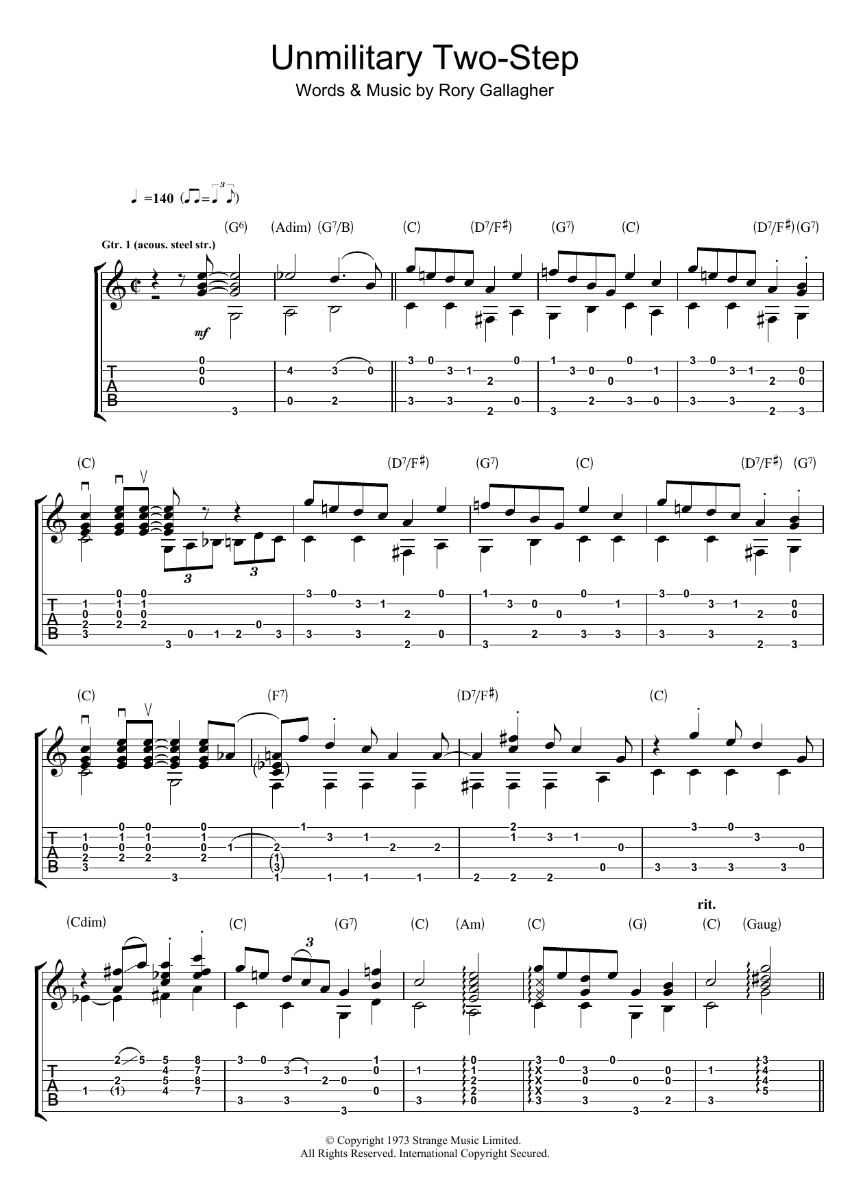 Download Rory Gallagher Unmilitary Two Step Sheet Music and learn how to play Guitar Tab PDF digital score in minutes