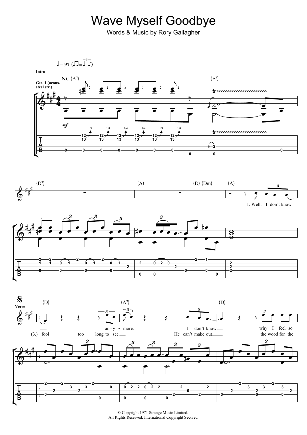 Download Rory Gallagher Wave Myself Goodbye Sheet Music and learn how to play Guitar Tab PDF digital score in minutes