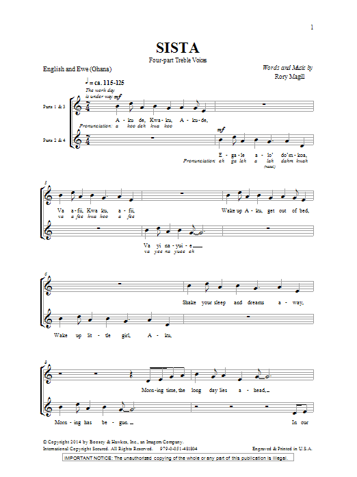 Download Rory Magill Sista Sheet Music and learn how to play SSA PDF digital score in minutes
