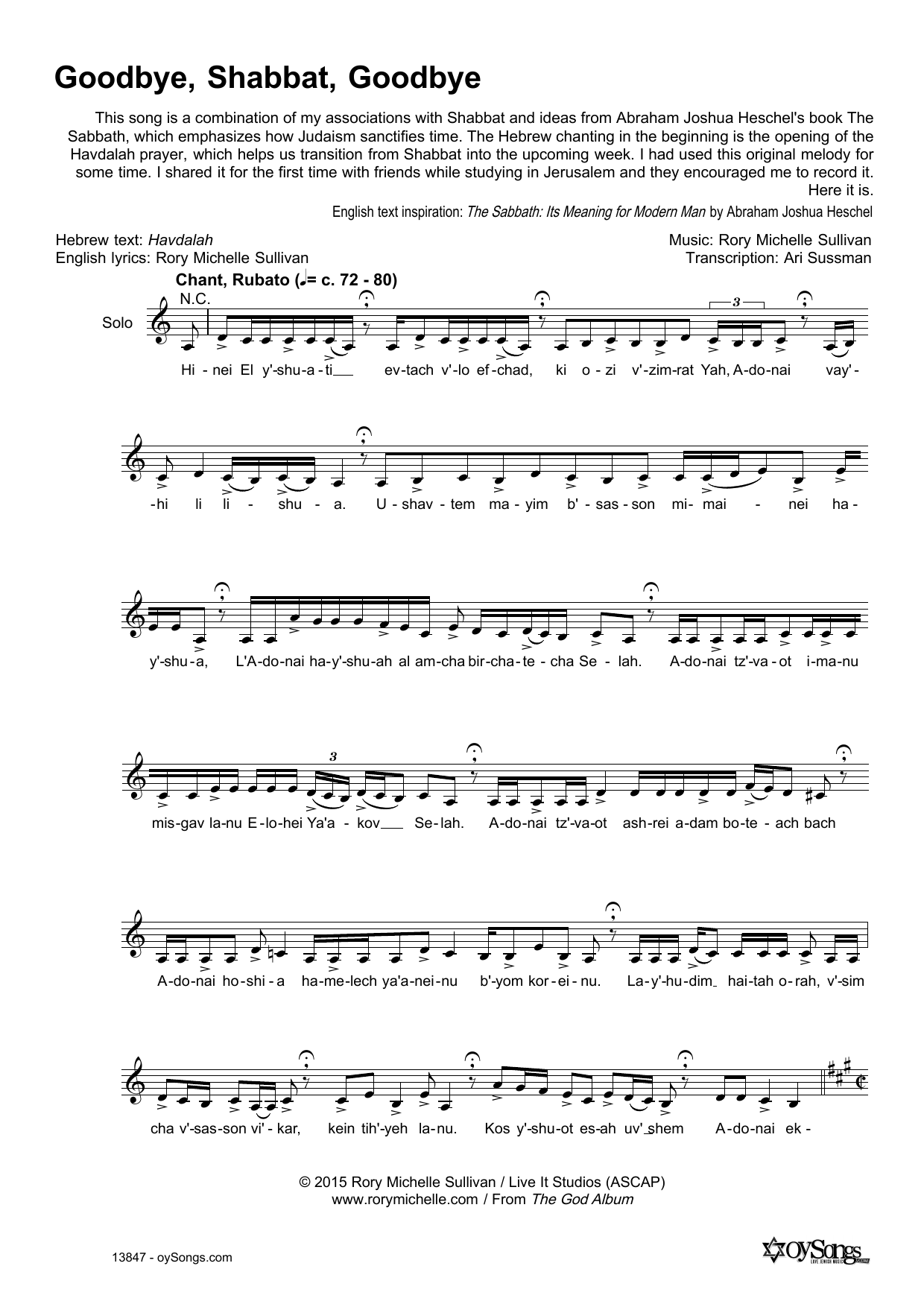 Download Rory Michelle Sullivan Goodbye, Shabbat, Goodbye Sheet Music and learn how to play Lead Sheet / Fake Book PDF digital score in minutes