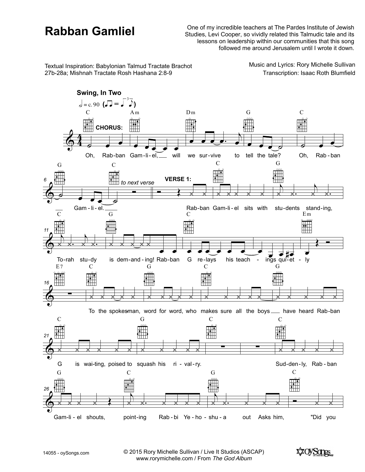 Download Rory Michelle Sullivan Rabban Gamliel Sheet Music and learn how to play Lead Sheet / Fake Book PDF digital score in minutes