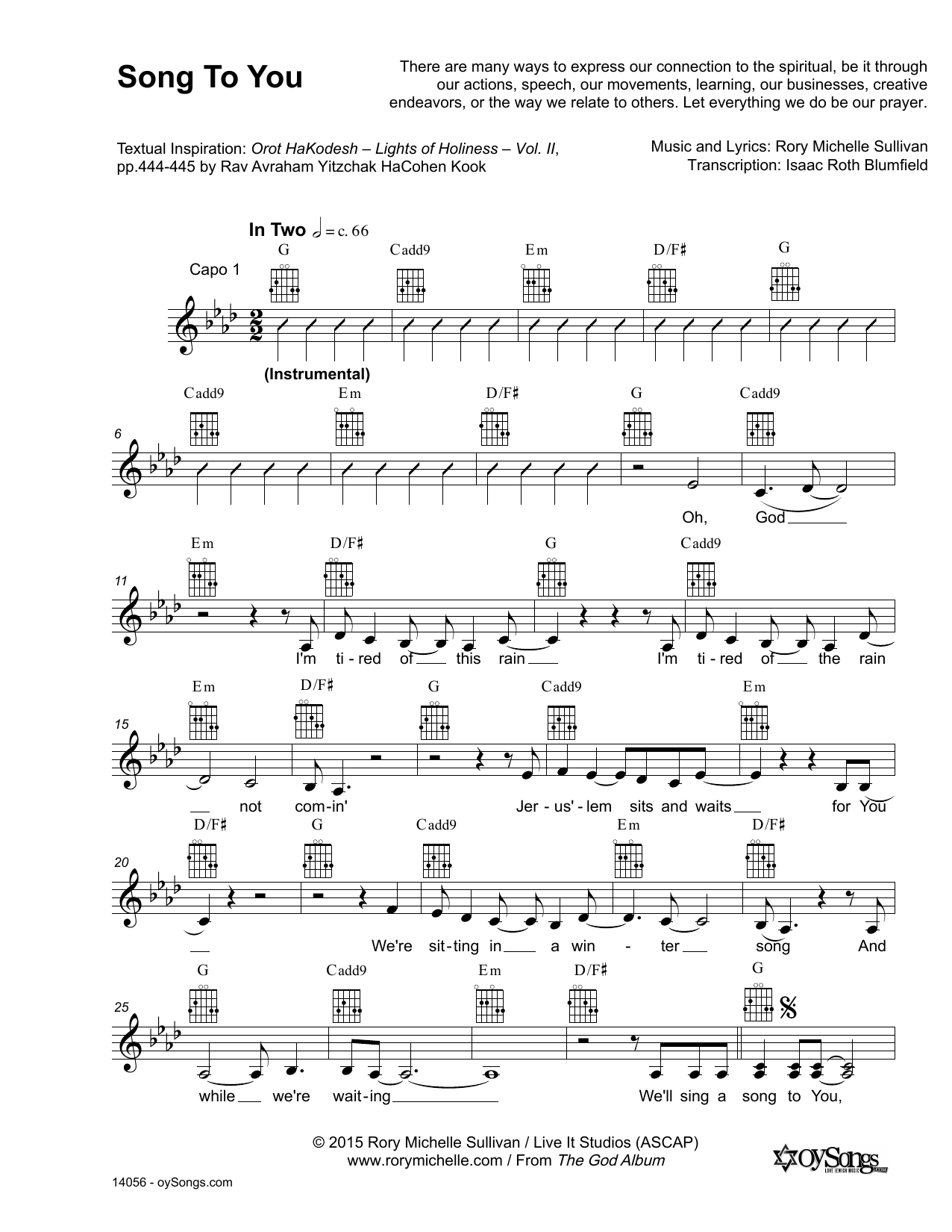 Download Rory Michelle Sullivan Song To You Sheet Music and learn how to play Lead Sheet / Fake Book PDF digital score in minutes