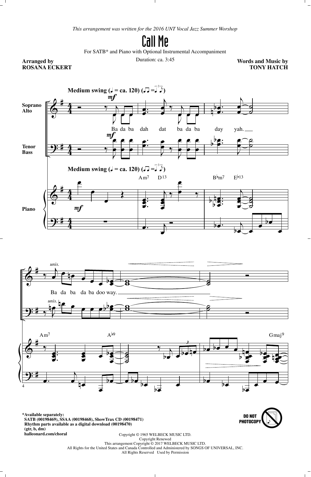 Download Rosana Eckert Call Me Sheet Music and learn how to play SATB PDF digital score in minutes