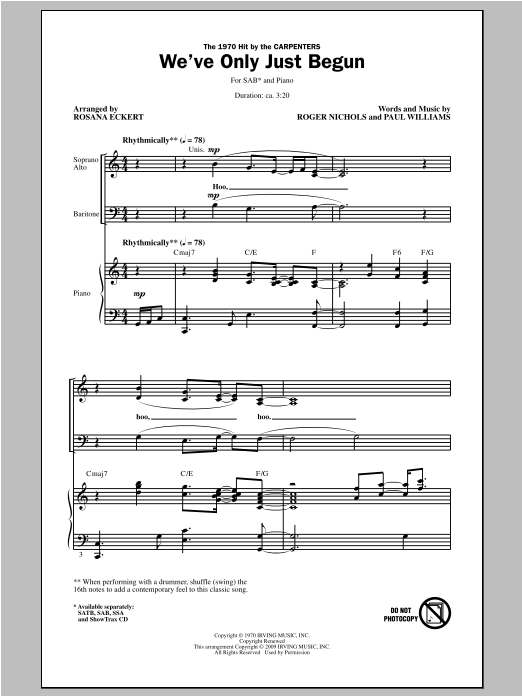 Download Carpenters We've Only Just Begun (arr. Rosana Eckert) Sheet Music and learn how to play SATB PDF digital score in minutes