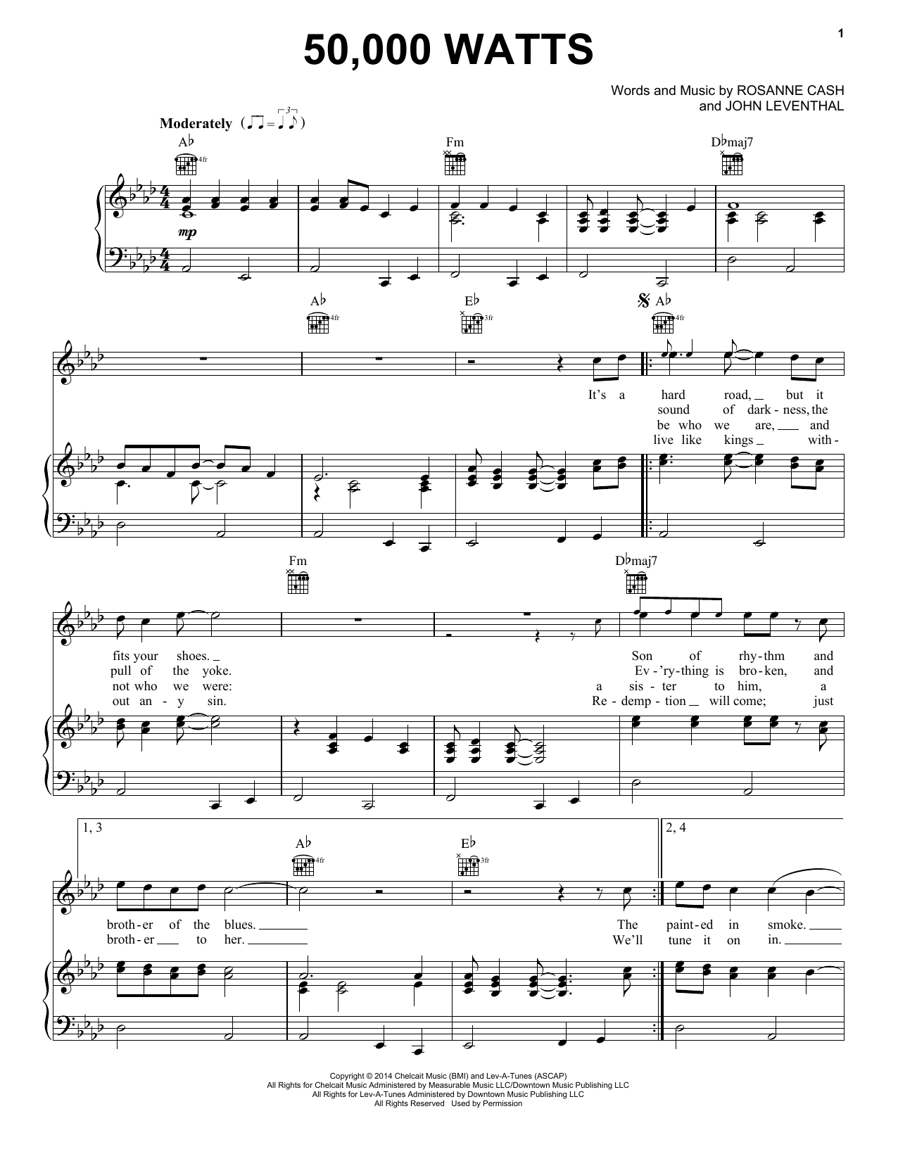 Download Rosanne Cash 50,000 Watts Sheet Music and learn how to play Piano, Vocal & Guitar (Right-Hand Melody) PDF digital score in minutes