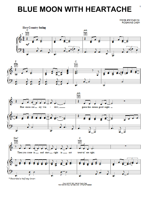 Download Rosanne Cash Blue Moon With Heartache Sheet Music and learn how to play Piano, Vocal & Guitar (Right-Hand Melody) PDF digital score in minutes