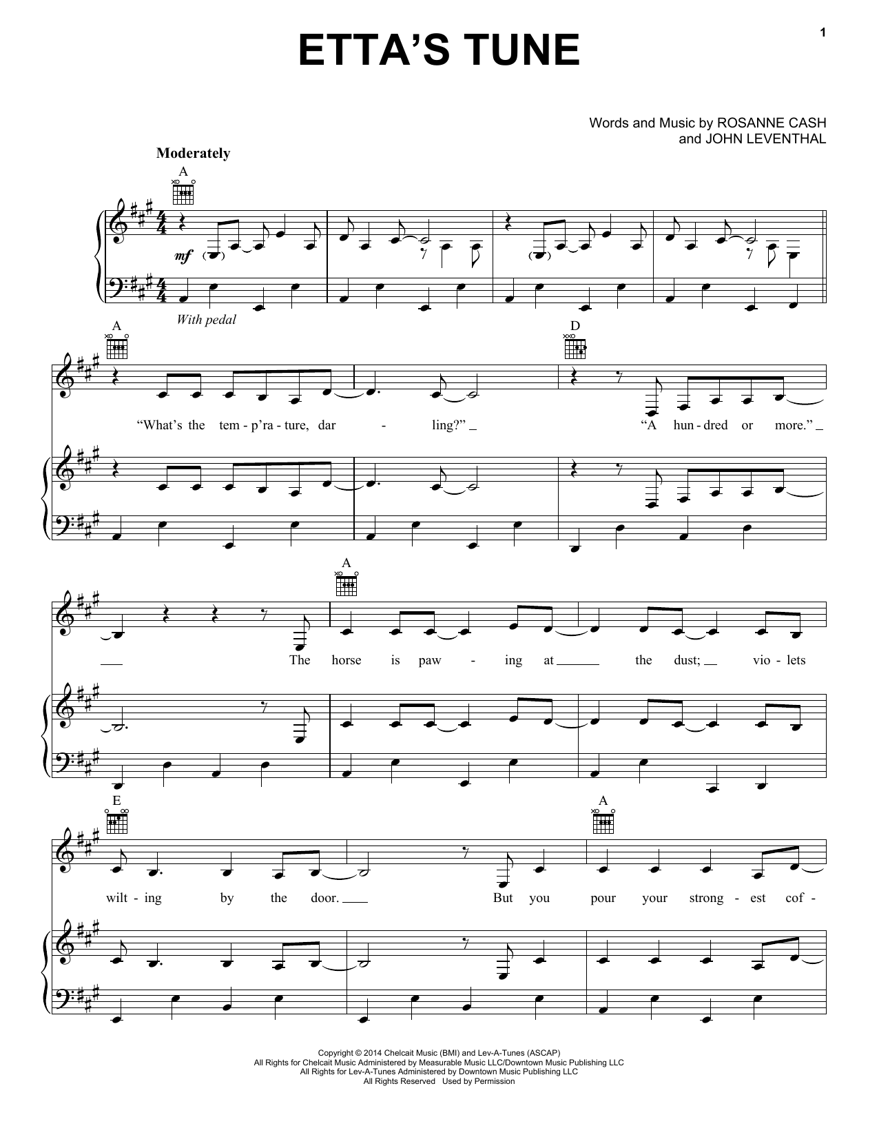 Download Rosanne Cash Etta's Tune Sheet Music and learn how to play Piano, Vocal & Guitar (Right-Hand Melody) PDF digital score in minutes