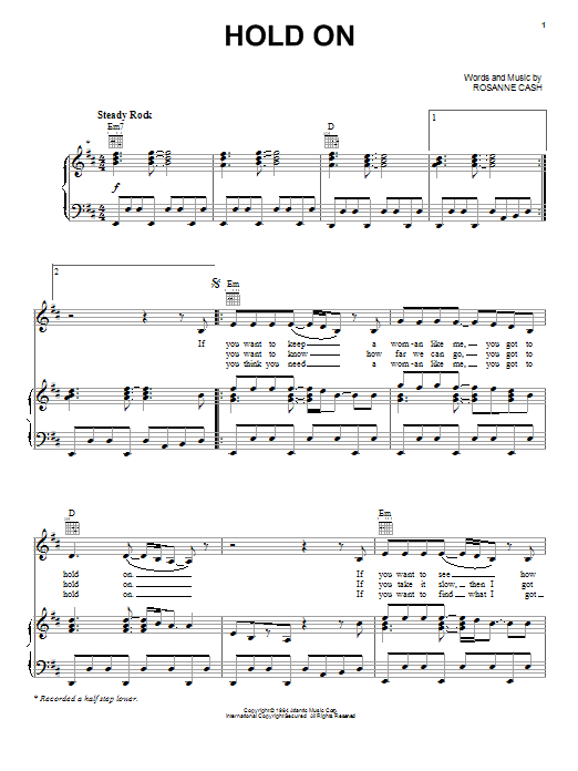 Download Rosanne Cash Hold On Sheet Music and learn how to play Piano, Vocal & Guitar (Right-Hand Melody) PDF digital score in minutes