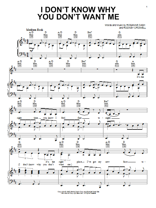 Download Rosanne Cash I Don't Know Why You Don't Want Me Sheet Music and learn how to play Piano, Vocal & Guitar (Right-Hand Melody) PDF digital score in minutes