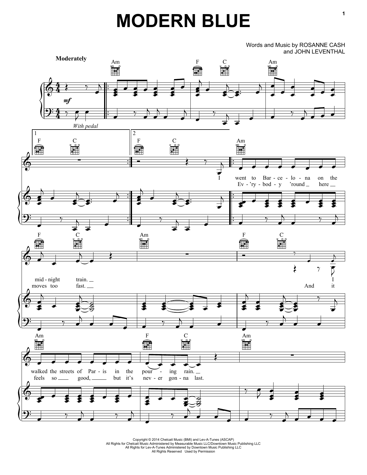 Download Rosanne Cash Modern Blue Sheet Music and learn how to play Piano, Vocal & Guitar (Right-Hand Melody) PDF digital score in minutes
