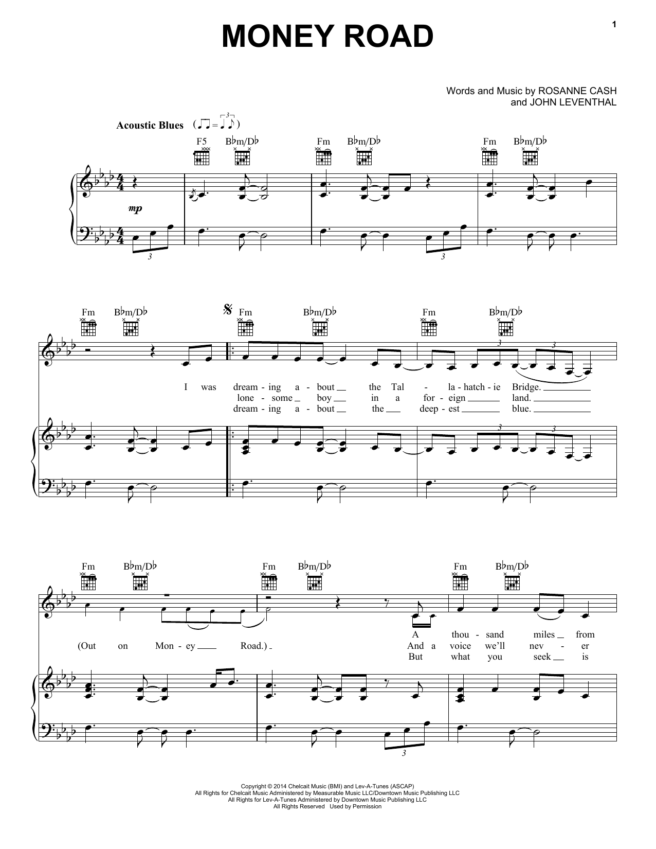 Download Rosanne Cash Money Road Sheet Music and learn how to play Piano, Vocal & Guitar (Right-Hand Melody) PDF digital score in minutes