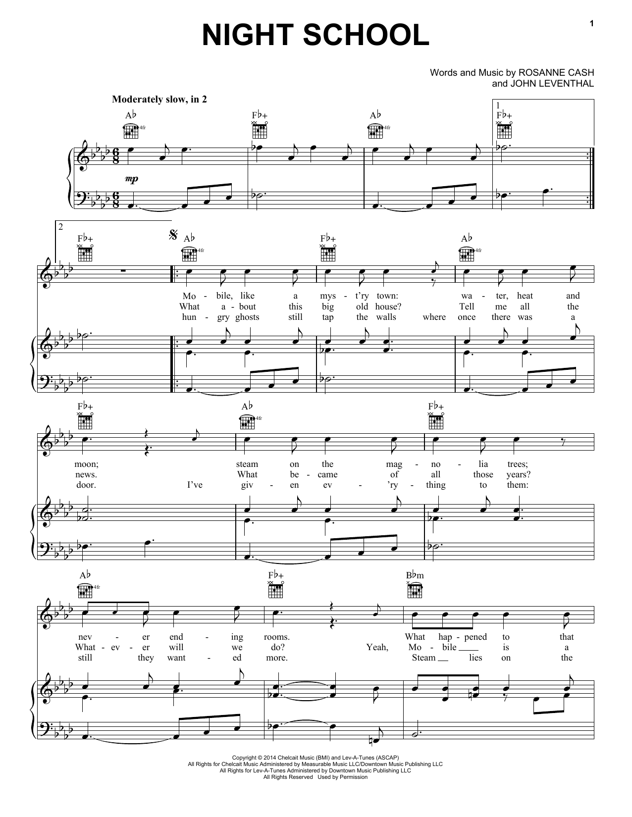 Download Rosanne Cash Night School Sheet Music and learn how to play Piano, Vocal & Guitar (Right-Hand Melody) PDF digital score in minutes