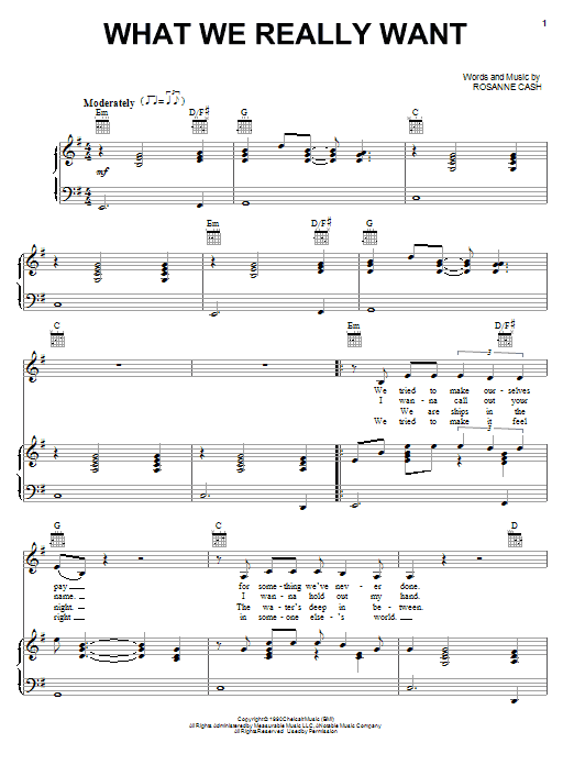 Download Rosanne Cash What We Really Want Sheet Music and learn how to play Piano, Vocal & Guitar (Right-Hand Melody) PDF digital score in minutes