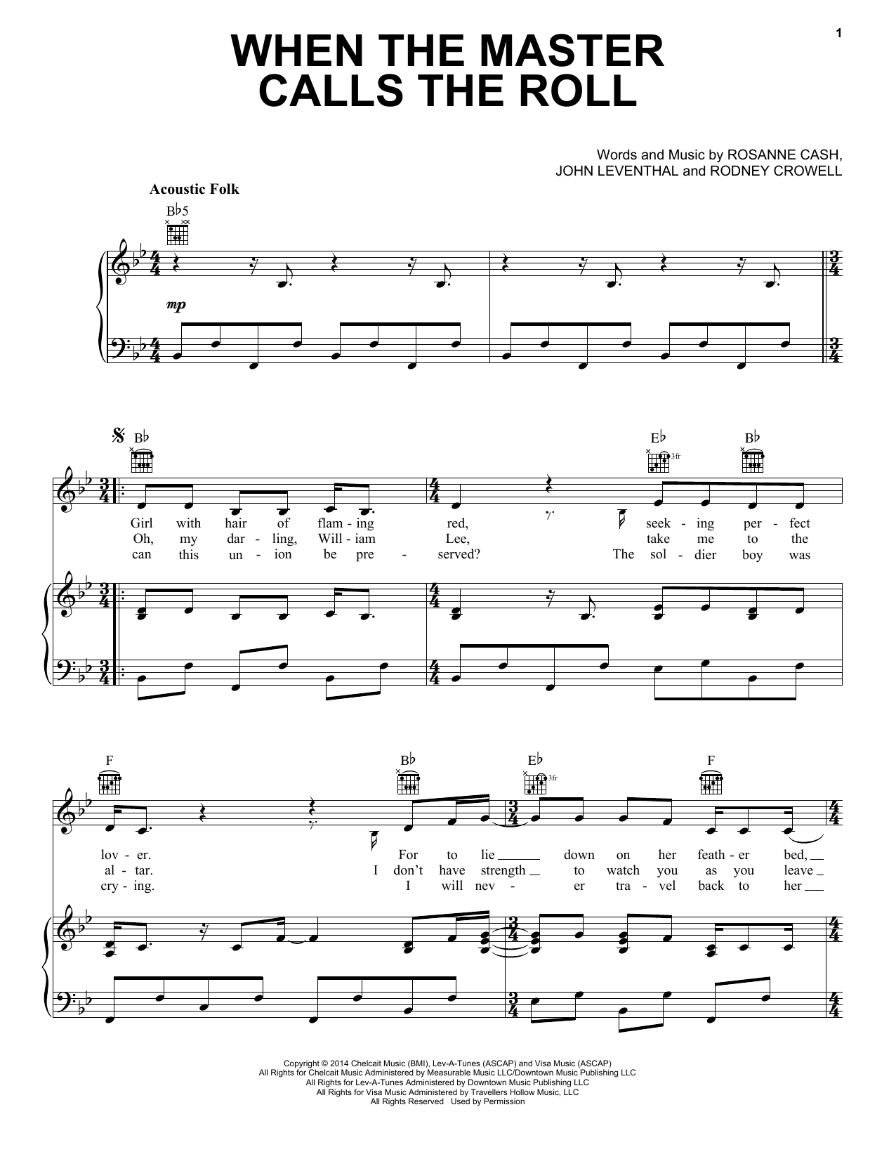 Download Rosanne Cash When The Master Calls The Roll Sheet Music and learn how to play Piano, Vocal & Guitar (Right-Hand Melody) PDF digital score in minutes